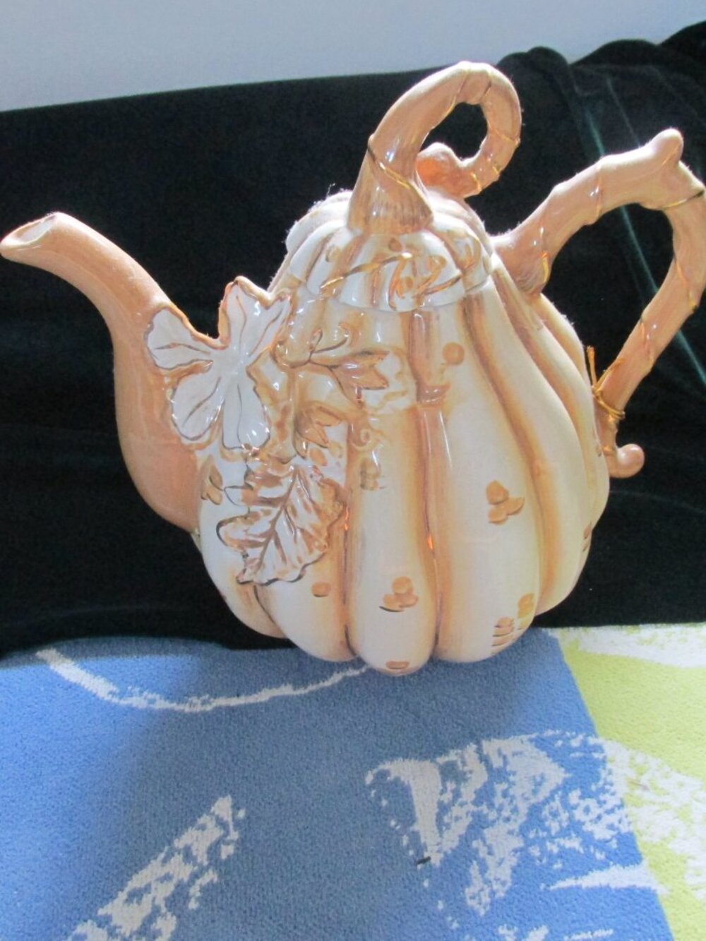 Blue Sky Harvest Pumpkin Gourd Teapot Ivory and Gold by Heather Goldminc